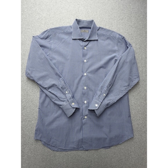 Canali Dress Shirt Mens 16.5 Blue Check Cotton Long Sleeve Made In Italy